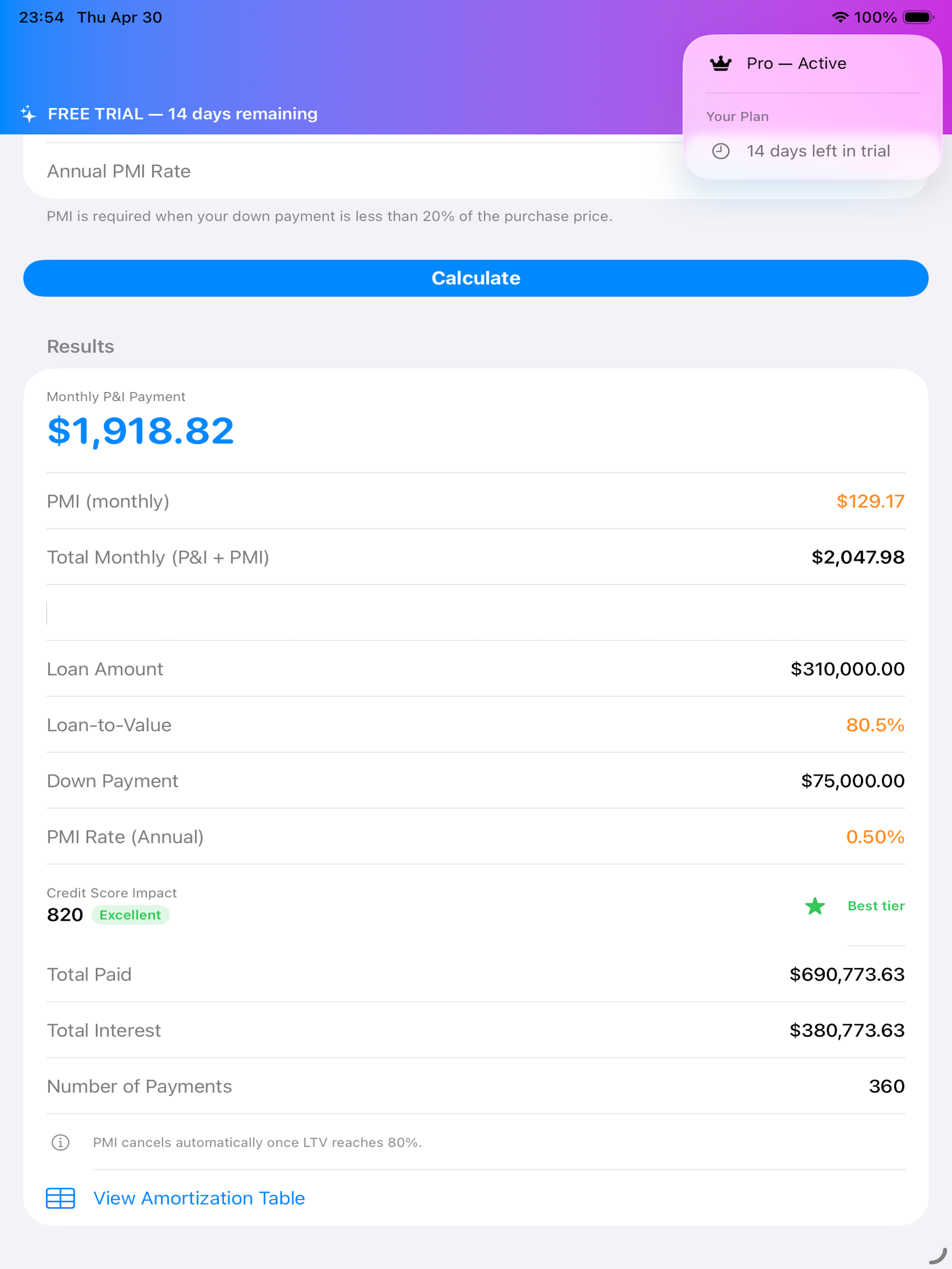 Iley's Mortgage Calculator iPad results screen with PMI, LTV, total paid, and amortization link