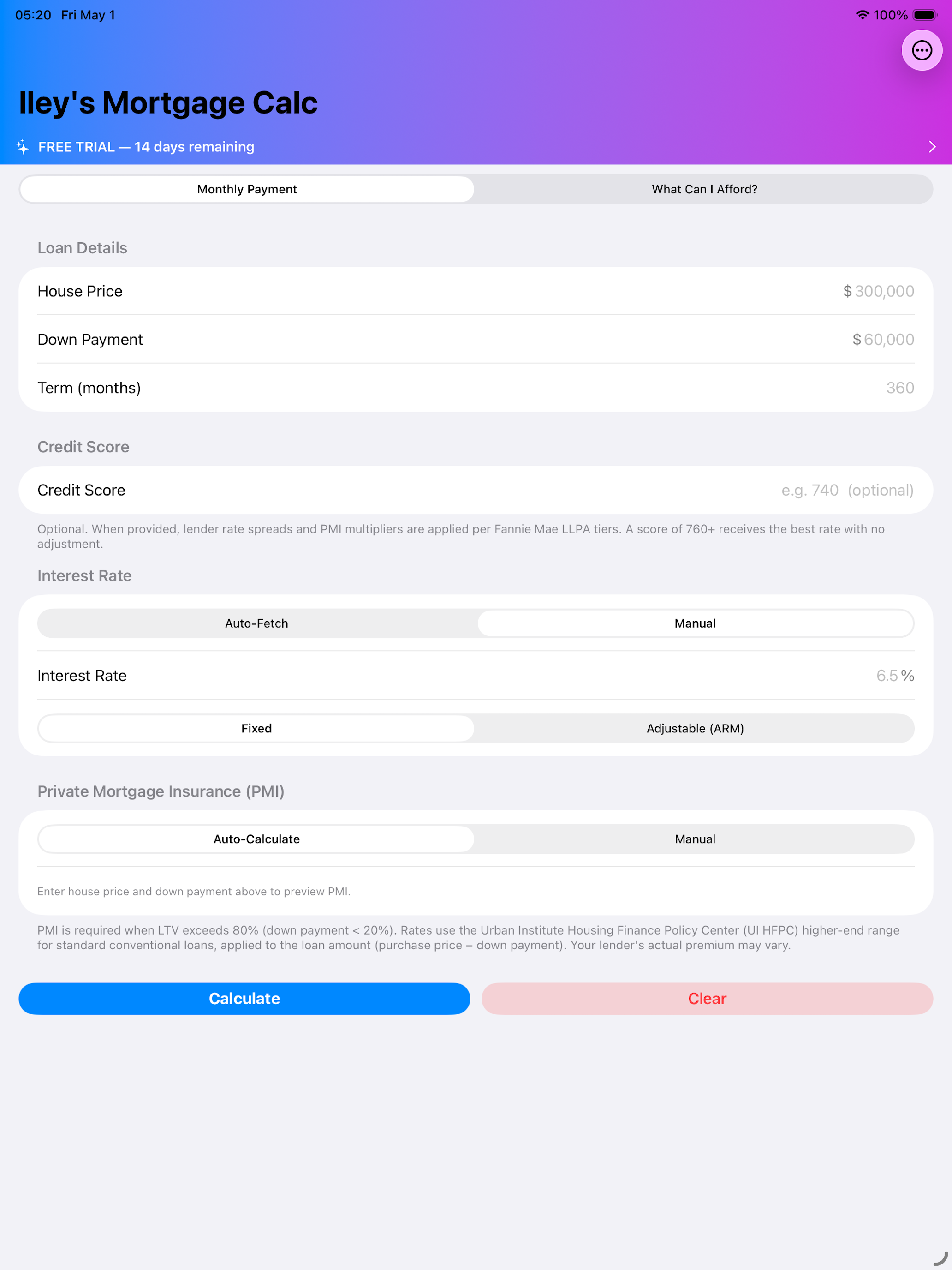 Iley's Mortgage Calculator iPad loan input screen