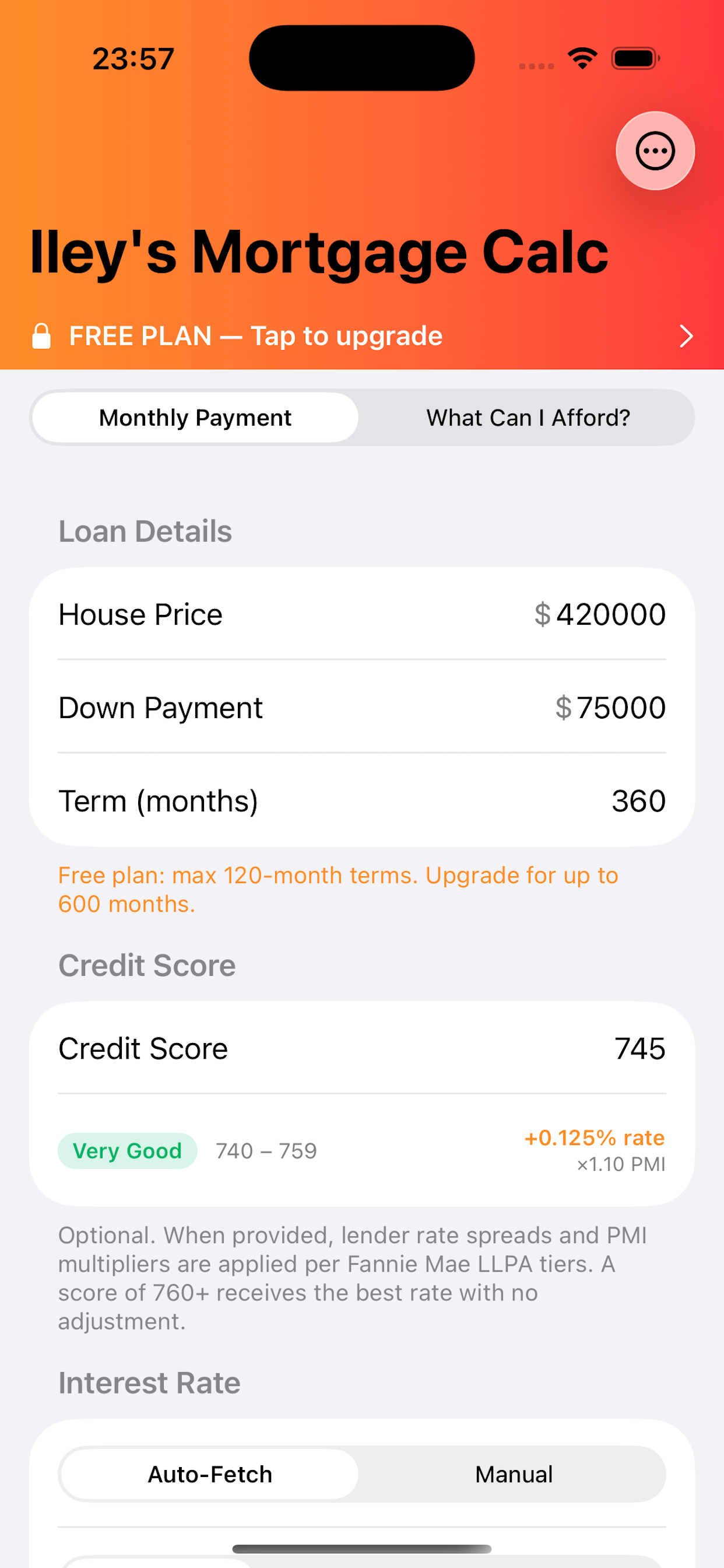 Iley's Mortgage Calculator loan details and credit score input screen