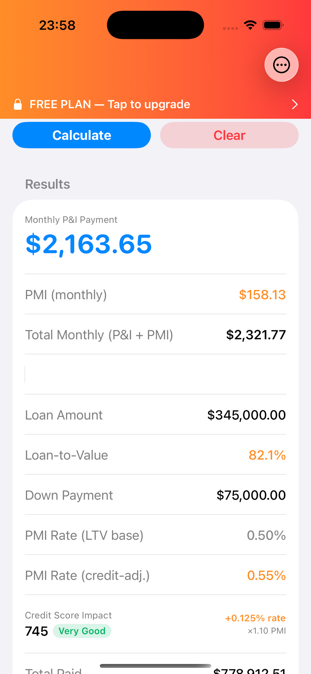 Iley's Mortgage Calculator results screen showing monthly payment, PMI, loan amount, and LTV