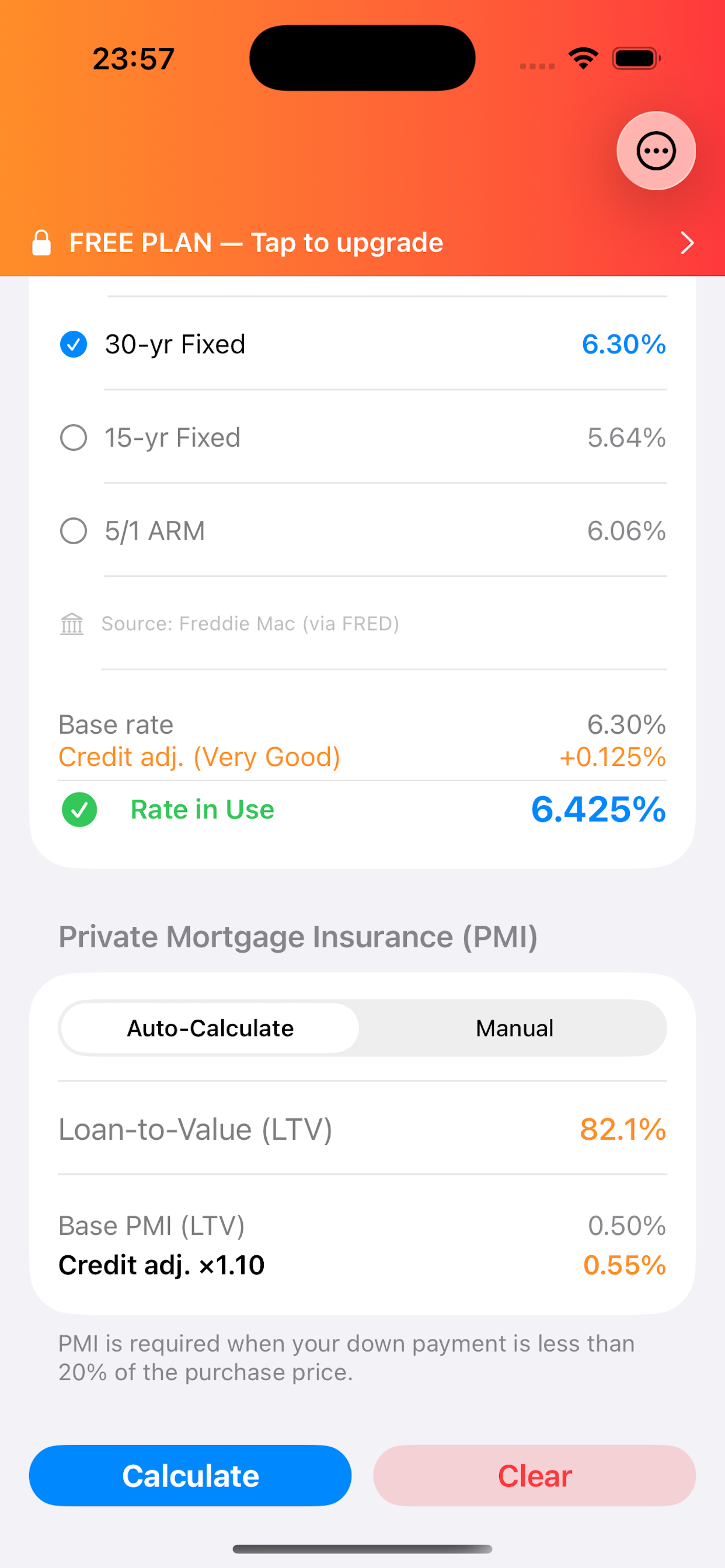 Iley's Mortgage Calculator live rate and PMI calculation screen