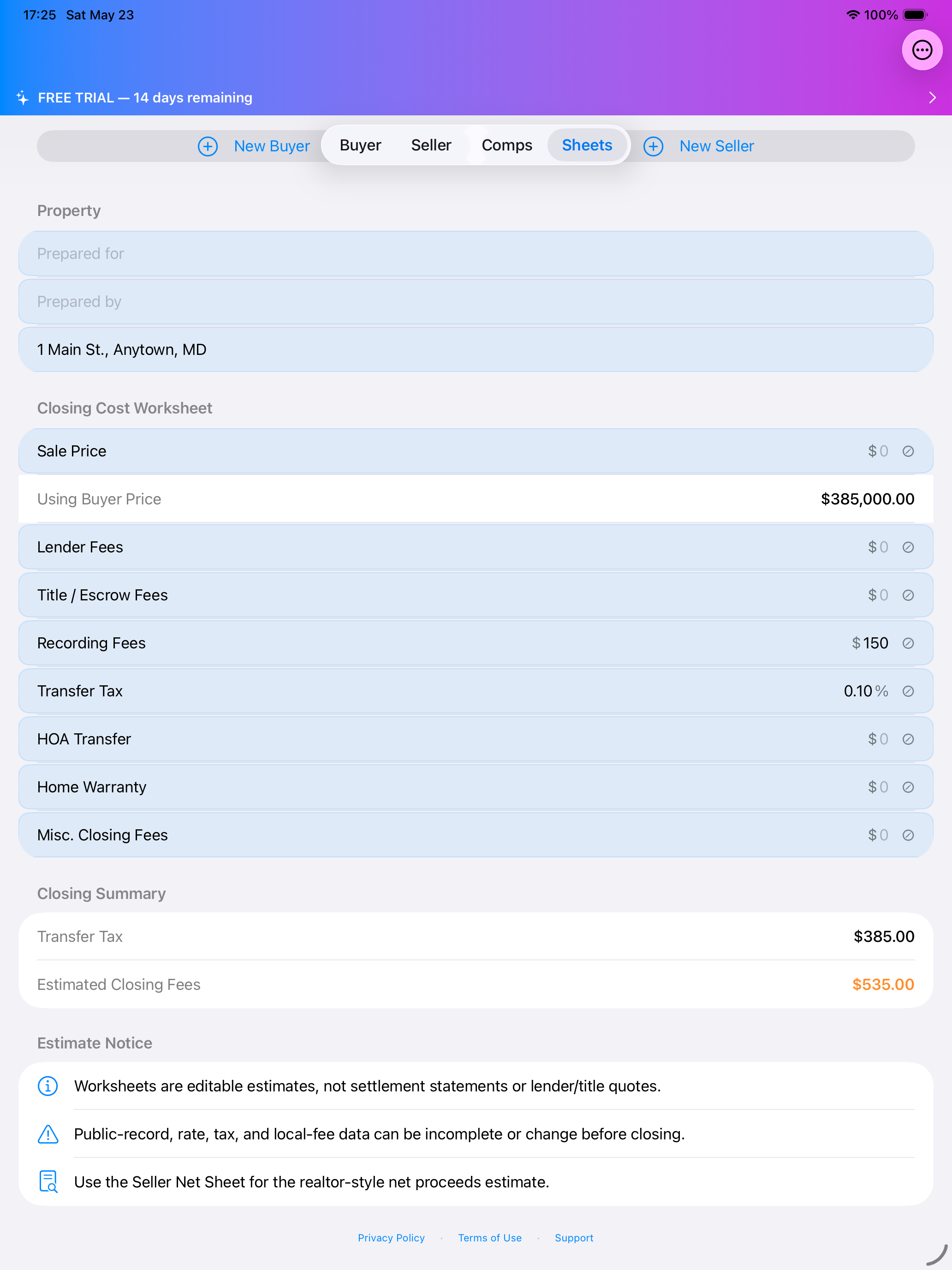 OfferLedger iPad worksheet menu showing buyer seller comps and sheets