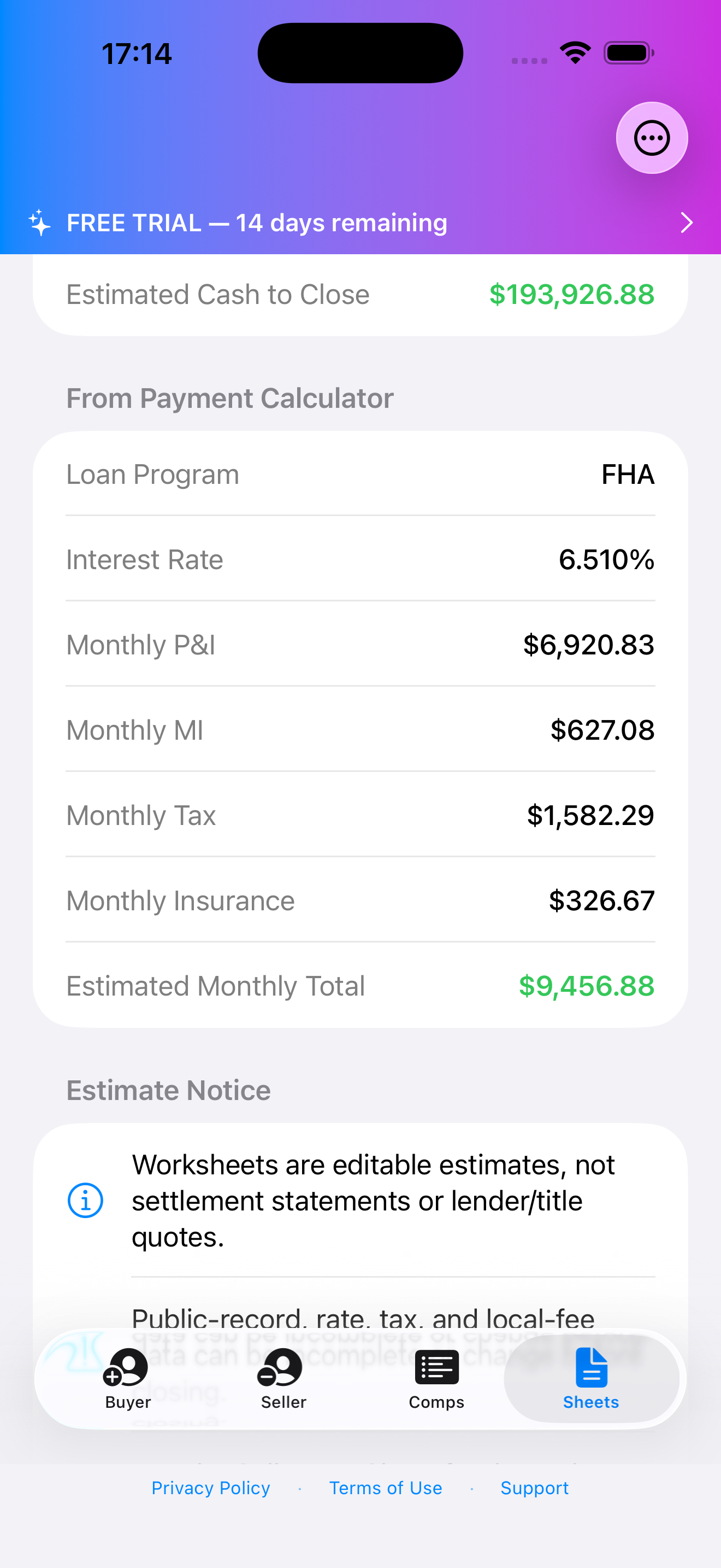 OfferLedger iPhone buyer worksheet with closing estimate inputs