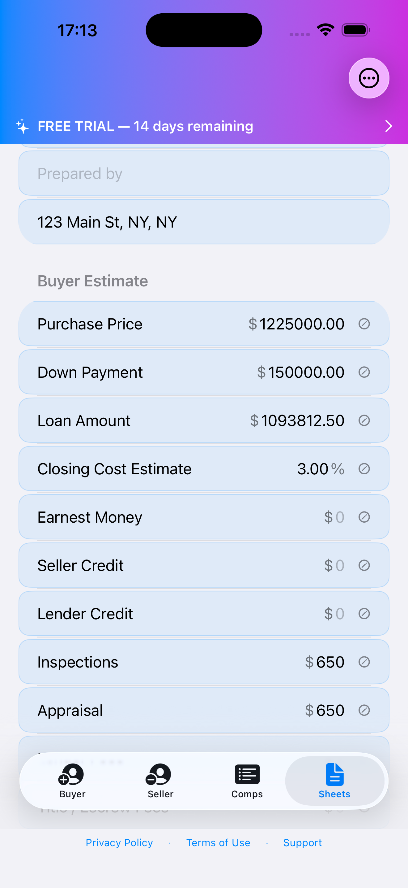 OfferLedger iPhone payment results with estimated monthly totals