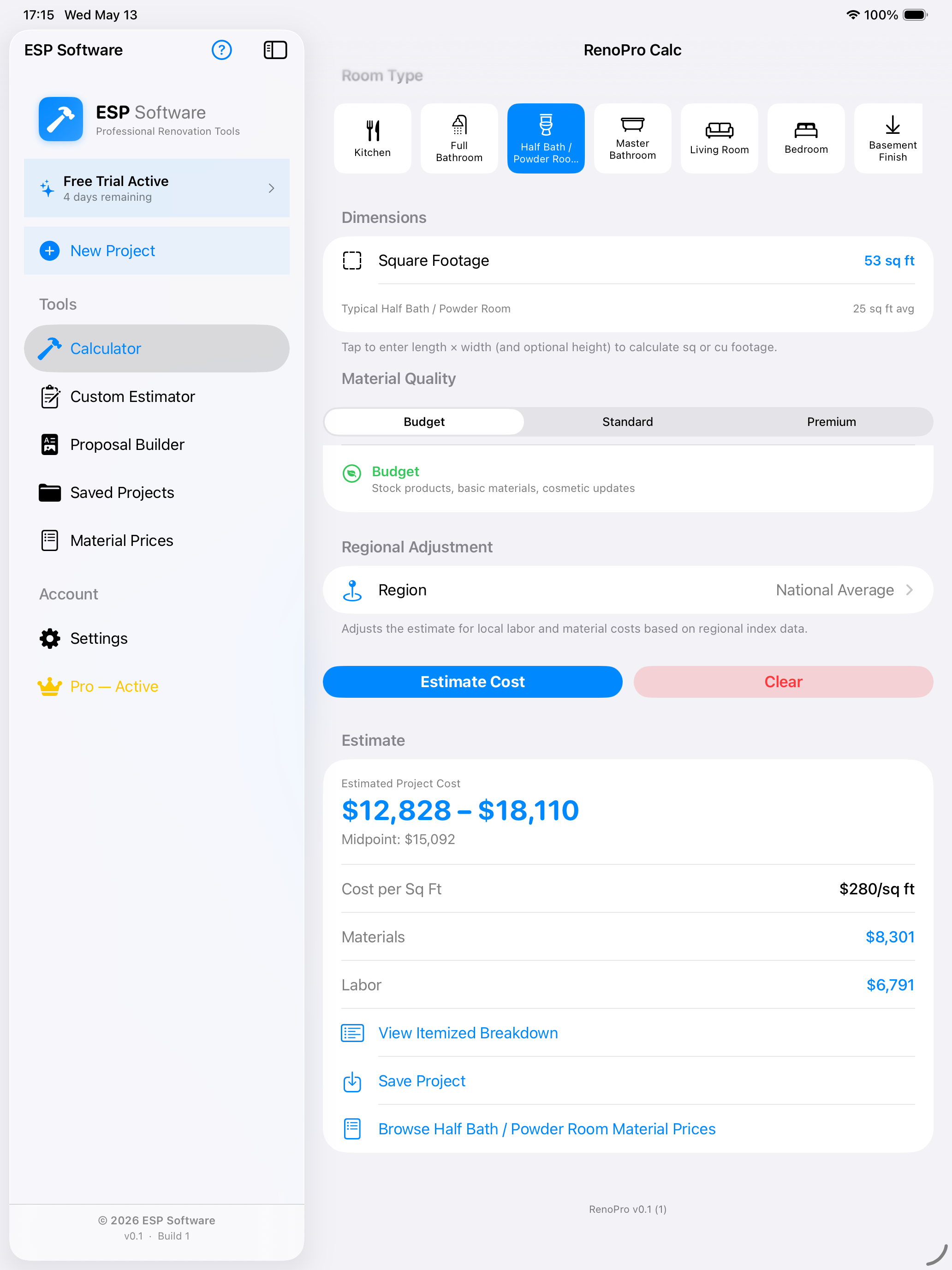 RenoPro Calc iPad estimate screen showing project cost range, materials, labor, and saved project actions