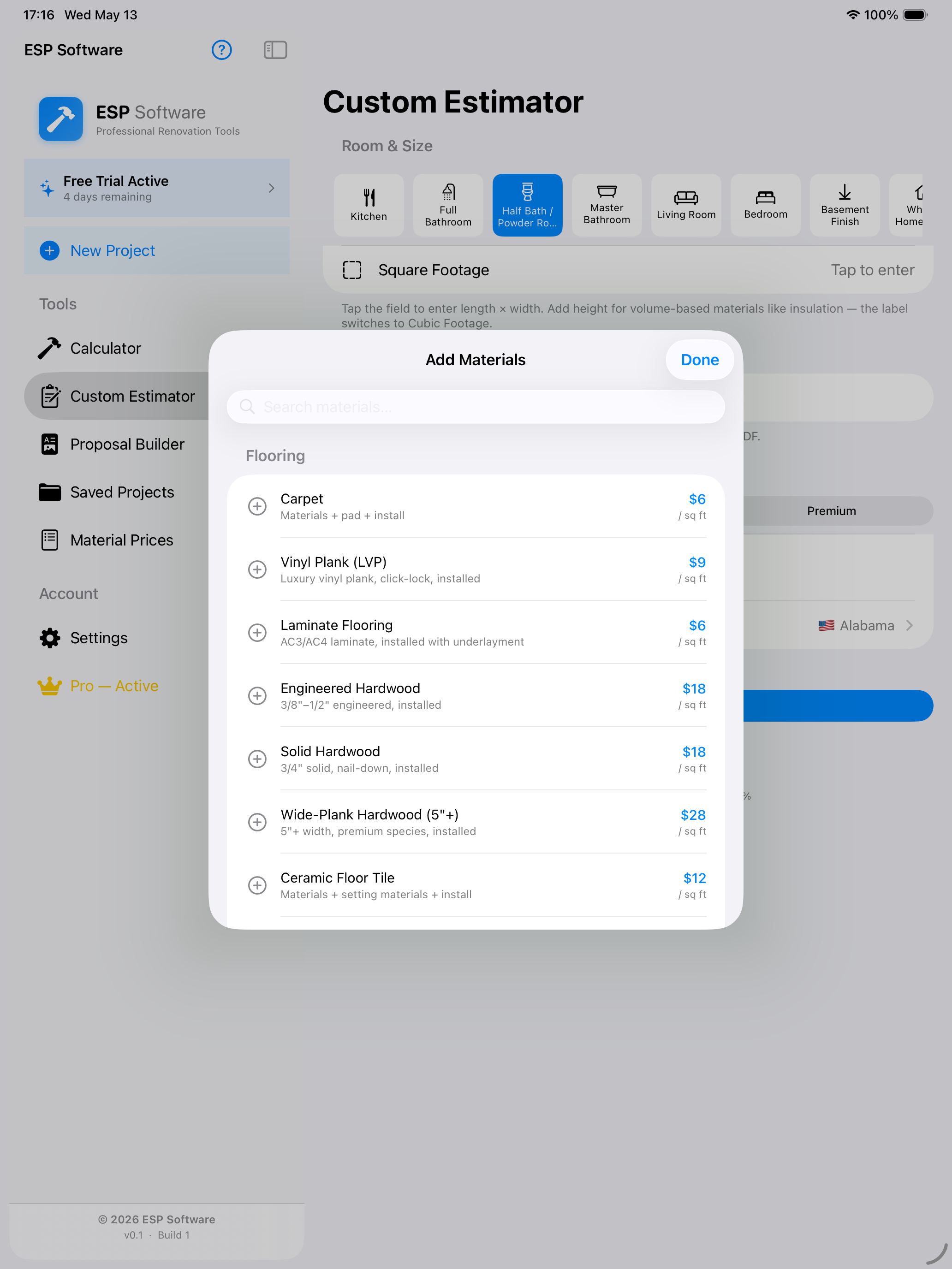RenoPro Calc custom estimator material picker